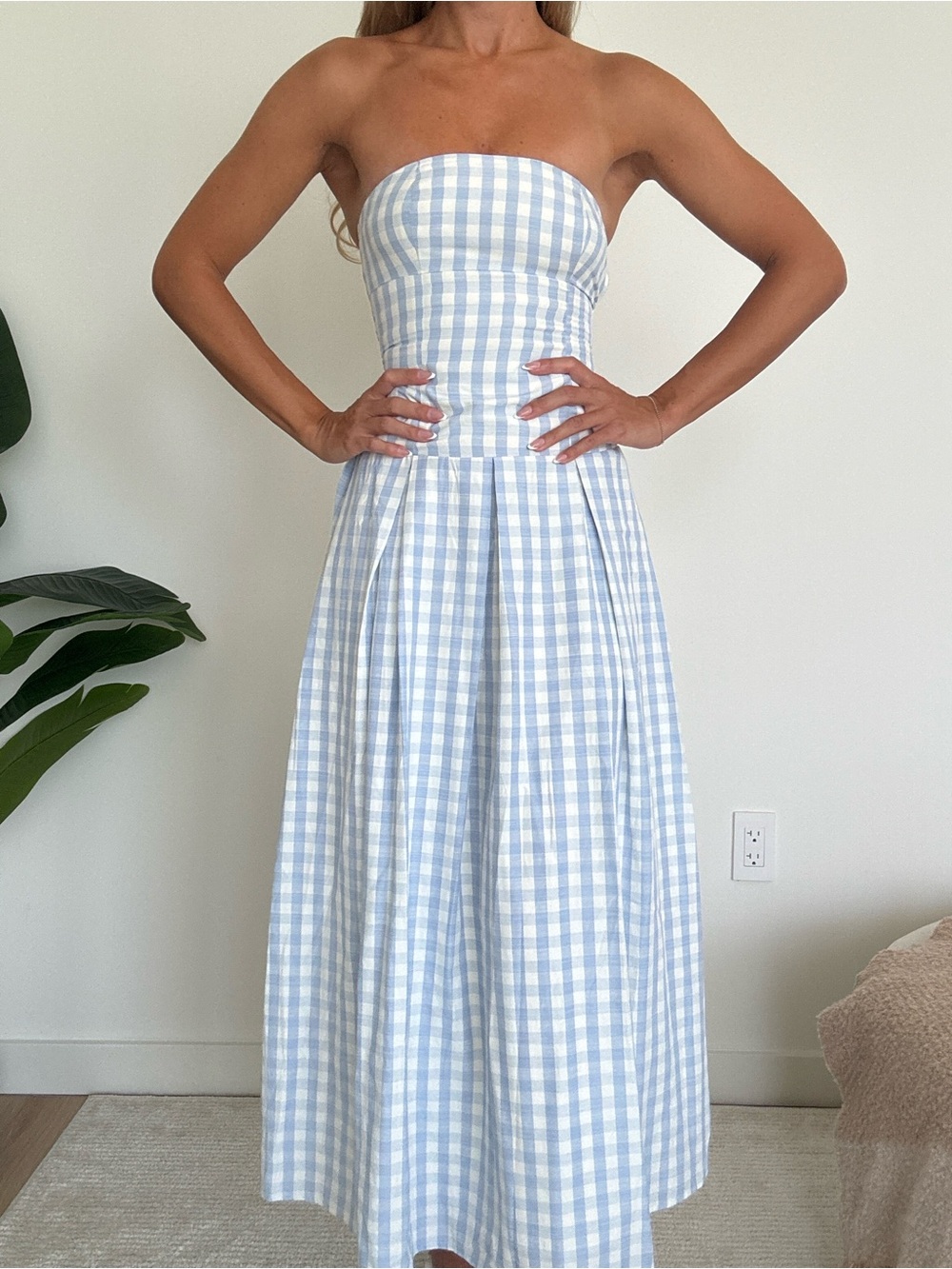 More to Come Strapless Blue Gingham Midi Dress